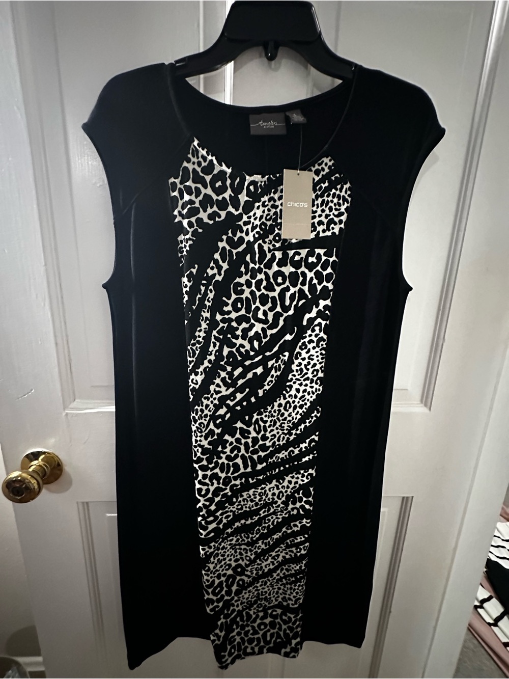 Chico's Black Sleeveless Shift Dress with Black & White Animal Print Panel